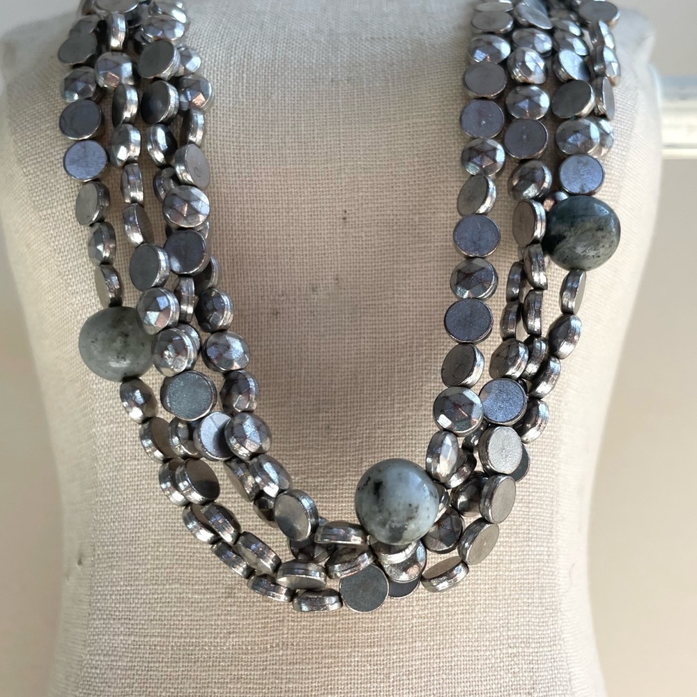 Statement Multi Layered Silver Beaded And Gray St… - image 2